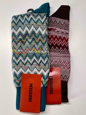 Missoni Two-Pack Zigzag Pattern Dress Socks in Teal & Burgundy NWT Small Medium